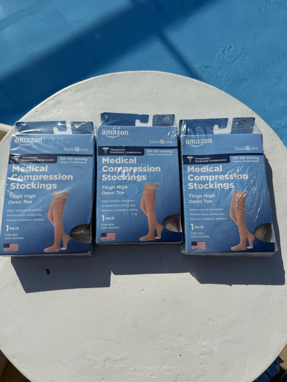 LOT OF 3 Amazon Basic Care Medical Compression Stockings 20-30mmHg Small Beige